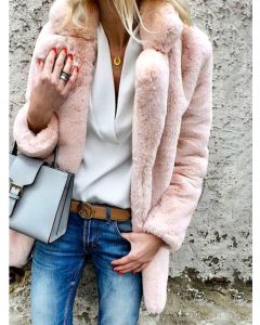 Abrigo esponjoso cuello vuelto manga larga piel sintética de moda rosa