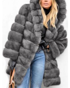 Grey Fluffy Hooded Long Sleeve Fashion Plus Size Faux Fur Coat