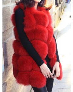 Manteau pelucheux col rond sans manches gilet mode grande taille fausse fourrure rouge