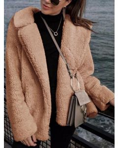 Camel Fluffy Turndown Collar Long Sleeve Fashion Faux Fur Coat
