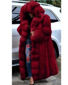Roter flauschiger langärmliger Mode-Pelzmantel mit Kapuze in Übergröße