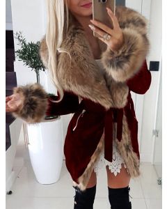 Wine Red Pockets Belt Lace Up Fur Collar Fashion Plus Size Faux Fur Coat