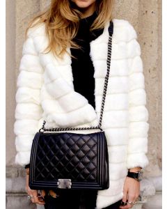 White Fluffy Round Neck Long Sleeve Fashion Faux Fur Coat