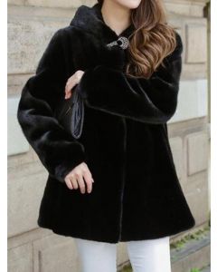 Black Ruffle Pockets Fluffy Hooded Sweet Plus Size Faux Fur Coat