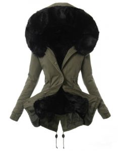 Black Single Breasted Drawstring Hooded Fur Collar Fashion Padded Coat