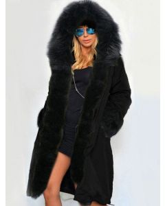 Black Pockets Drawstring Fur Collar Hooded Long Sleeve Fashion Parka