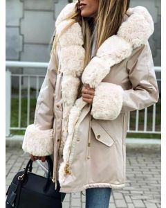 Beige Single Breasted Drawstring Hooded Fur Collar Fashion Plus Size Parka