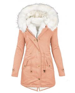 Pink Single Breasted Pockets Drawstring Hooded Fur Collar Fashion Plus Size Parka