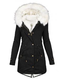 Schwarzer Reißverschluss Taschen mit Kordelzug Pelzkragen mit Kapuze Mode Plus Size gepolsterter Mantel