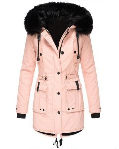 Pink Zipper Drawstring Pockets Fur Collar Hooded Fashion Plus Size Padded Coat