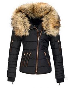 Black Zipper Pockets Fur Collar Fashion Plus Size Padded Coat