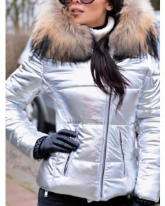 Silberne Taschen Reißverschluss Pelzkragen mit Kapuze Mode gepolsterter Mantel