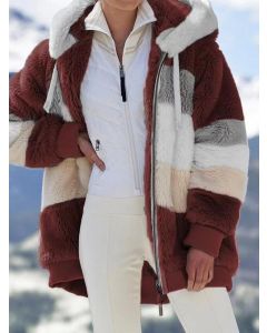 Cappotto tasche con coulisse con cerniera A blocchi di colore con cappuccio moda taglie forti orsacchiotto rosso