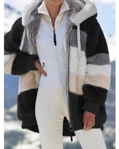 Manteau bloc de couleur poches à cordon de serrage à glissière mode à capuche grande taille teddy noir