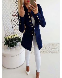 Blue Single Breasted Pockets Band Collar Long Sleeve Fashion Blazer