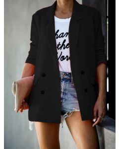 Black Double Breasted Pockets Turndown Collar Long Sleeve Fashion Blazer