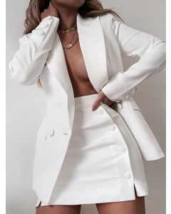 White Buttons Pockets Two Piece Long Sleeve Fashion Plus Size Blazer