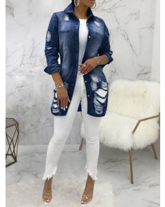 Dark Blue Single Breasted Pockets Long Sleeve Fashion Plus Size Ripped Denim Jacket