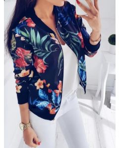 Navy Blue Flowers Print Zipper Long Sleeve Fashion Jacket