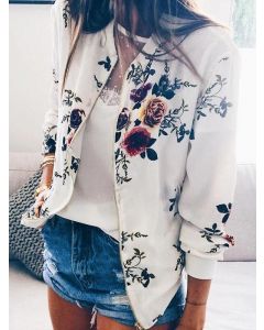 White Flowers Zipper Round Neck Long Sleeve Fashion Jacket