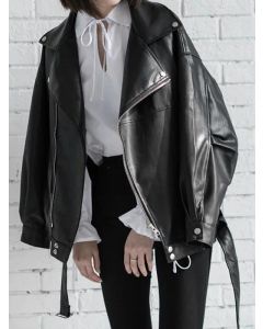 Black Zipper Belt Turndown Collar Long Sleeve Fashion Leather Jacket