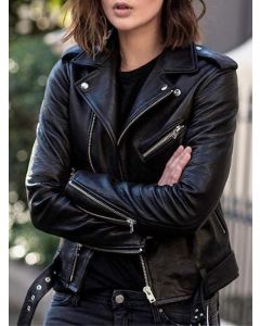 Black Zipper Belt Pockets Long Sleeve Fashion Plus Size Leather Jacket