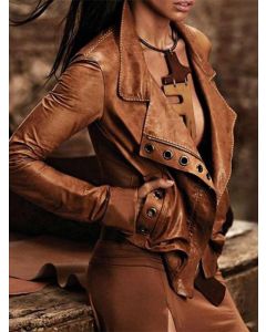 Brown Zipper Pockets Long Sleeve Vintage Plus Size Leather Jacket