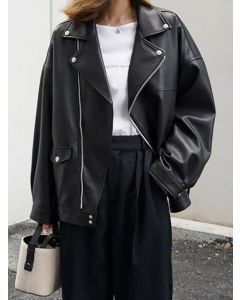 Black Zipper Buttons Pockets Tailored Collar Fashion Leather Biker Jacket