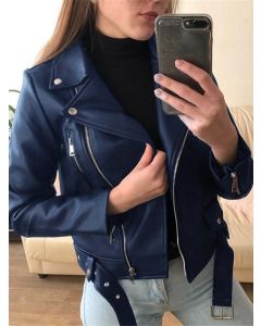 Blue Zipper Belt Studded Long Sleeve Fashion Plus Size Leather Jacket