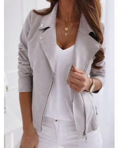 Grey Zipper Studded Turndown Collar Long Sleeve Fashion Jacket