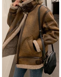 Brown Zipper Belt Pockets Turndown Collar Fashion Lamb Wool Leather Jacket