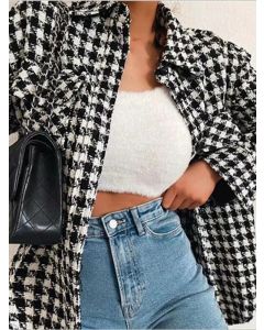 Black Plaid Single Breasted Pockets Turndown Collar Fashion Wool Coat