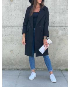 Black Buttons Pockets Turndown Collar Long Sleeve Fashion Wool Coat