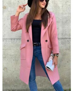 Pink Buttons Pockets Turndown Collar Long Sleeve Fashion Wool Coat