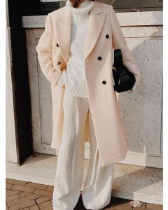 White Double Breasted Turndown Collar Long Sleeve Fashion Wool Coat