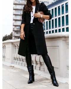 Black Single Breasted Turndown Collar Long Sleeve Fashion Wool Coat