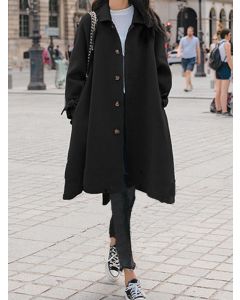 Black Single Breasted Pockets Lace Up Long Sleeve Fashion Wool Coat