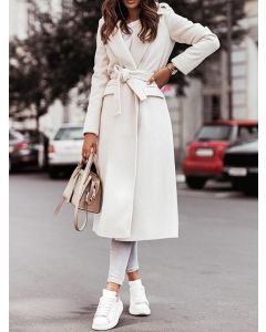 White Belt Lace Up Turndown Collar Fashion Wool Coat