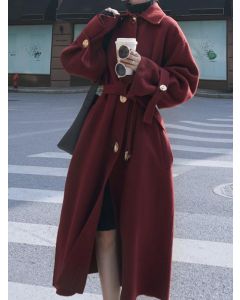 Wine Red Single Breasted Belt Lace Up Turndown Collar Fashion Wool Coat