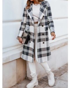 Grey Plaid Double Breasted Turndown Collar Fashion Wool Coat