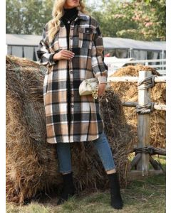 Khaki Plaid Single Breasted Side Slit Turndown Collar Fashion Wool Coat