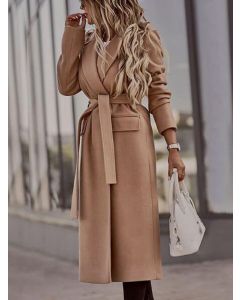 Khaki Belt Lace Up Turndown Collar Fashion Wool Coat