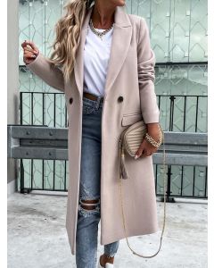 Beige Buttons Comfy Turndown Collar Long Sleeve Fashion Wool Coat