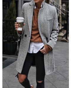 Grey Buttons Pockets Turndown Collar Long Sleeve Fashion Wool Coat