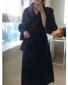 Black Pockets Belt Lace Up Turndown Collar Fashion Wool Coat