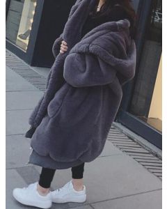 Dark Grey Zipper Pockets Fluffy Hooded Fashion Plus Size Faux Fur Coat