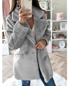 Grey Buttons Pockets Fluffy Turndown Collar Fashion Faux Fur Coat