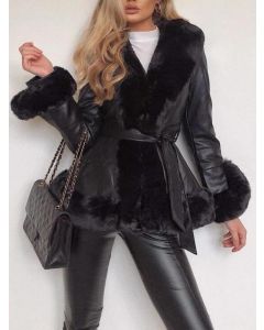 Black Belt Lace Up Fluffy Fur Collar Fashion Plus Size Faux Fur Coat