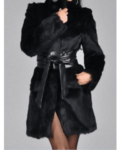 Black Pockets Belt Lace Up Fluffy Band Collar Fashion Faux Fur Coat