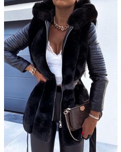 Black Patchwork Belt Zipper Hooded Fashion Faux Fur Coat